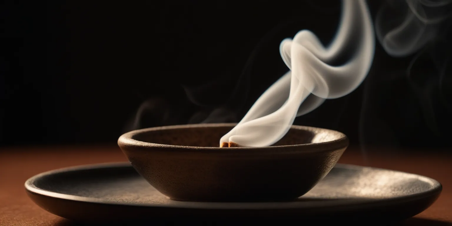 Close-up of a burning incense cone releasing a thin trail of fragrant smoke