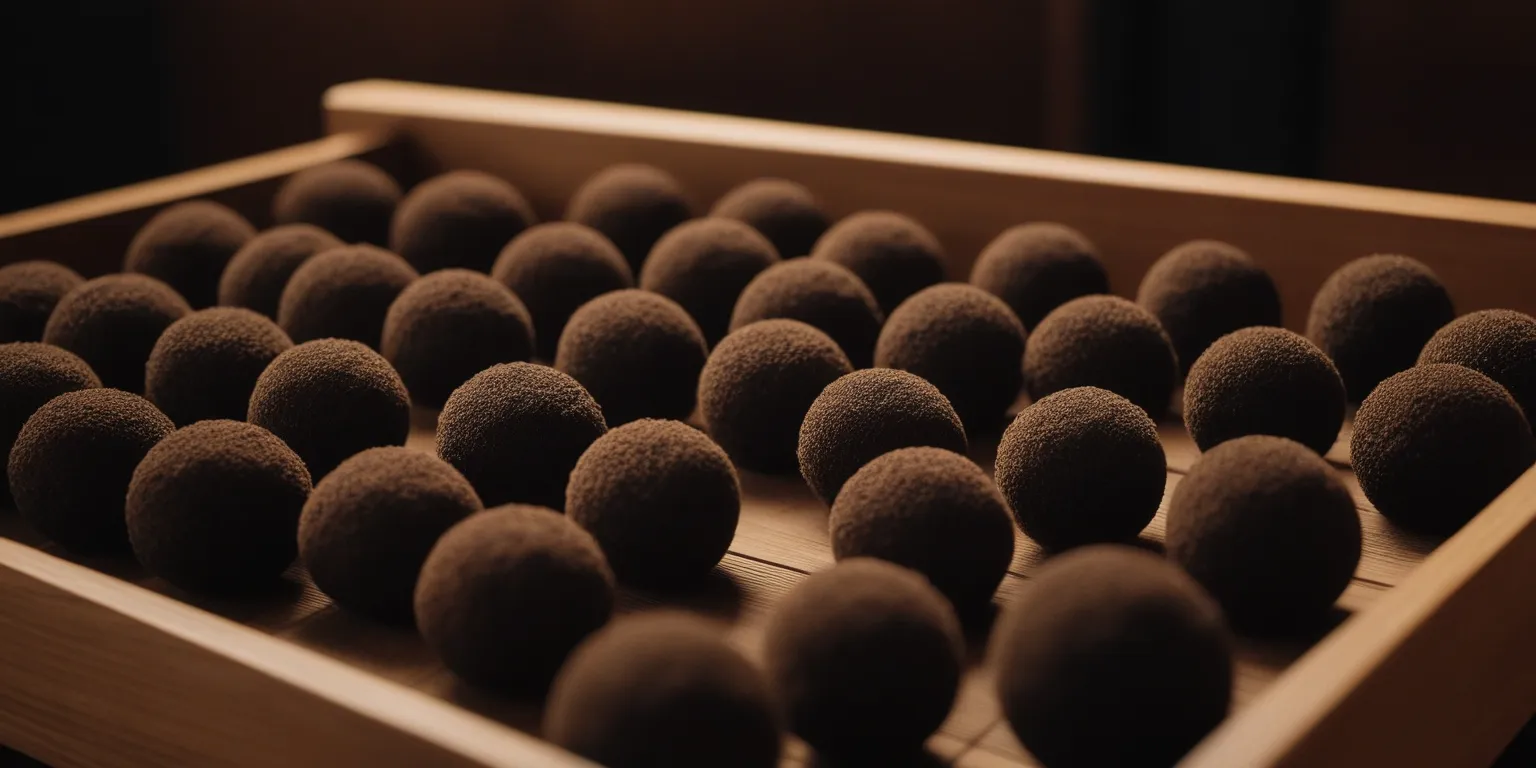 Freshly hand-rolled neri-koh incense balls, dark and glossy, arranged in rows in a wooden tray