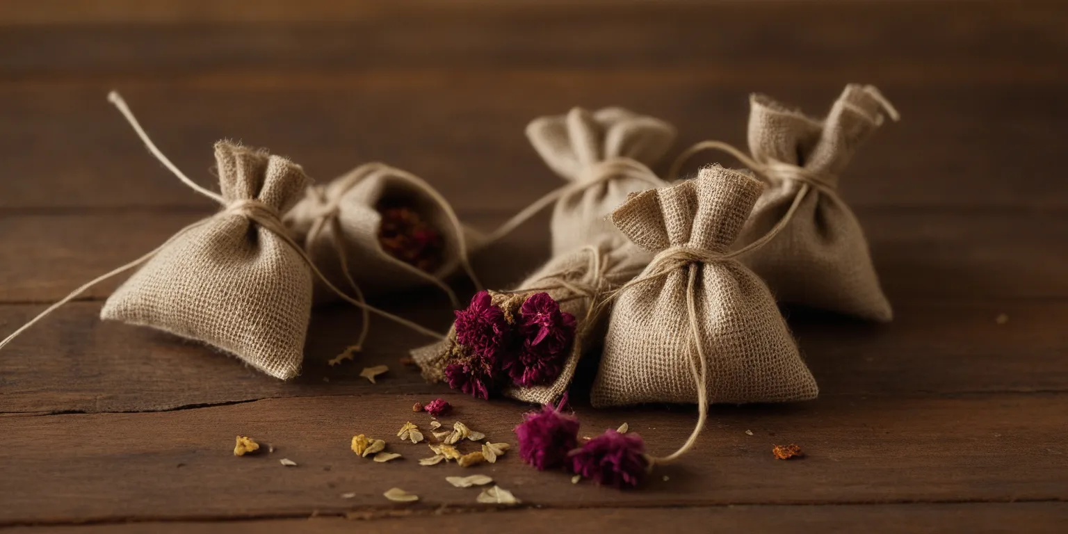 Small linen sachets filled with dried aromatic incense ingredients