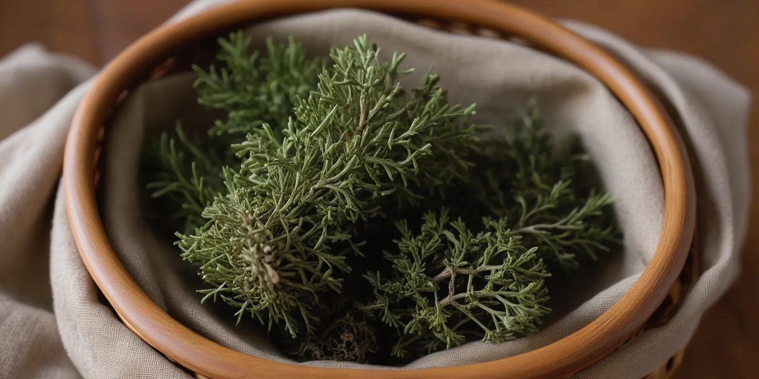 Fresh aromatic herb sprigs, likely juniper or cedar, gathered in a ceramic bowl